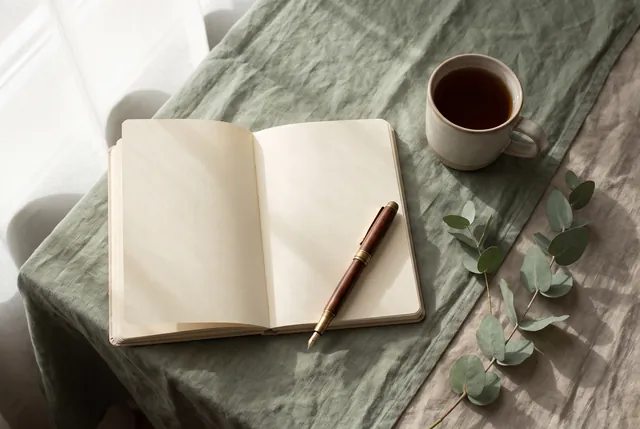 An open notebook and pen on a linen tablecloth beside a sprig of eucalyptus