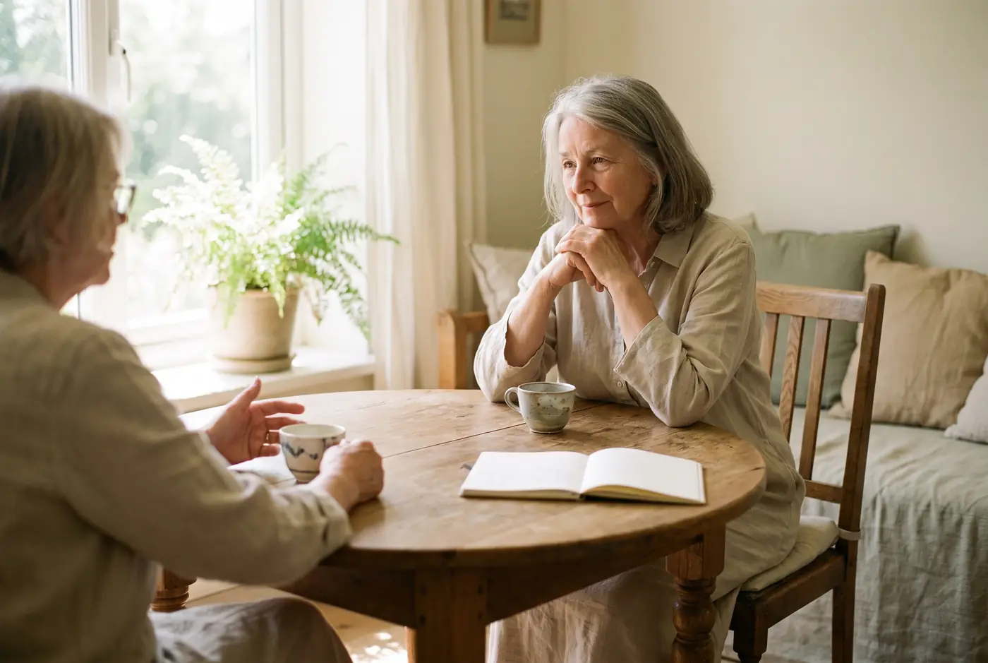 Two people talking across a round oak table with tea and a notebook between them