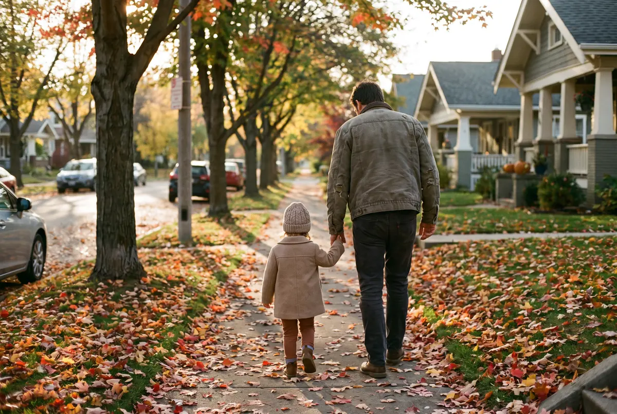 A parent and small child walking hand in hand down a tree lined Portland street in autumn