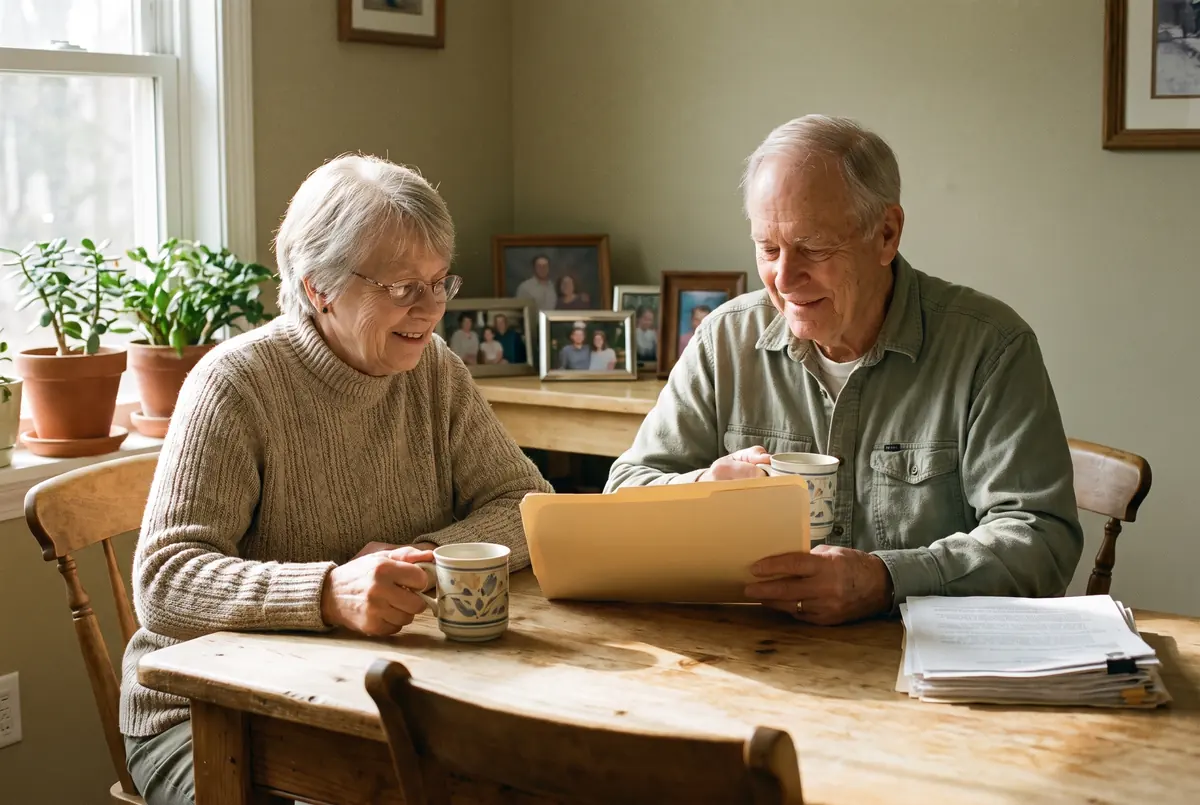 An older couple sitting together at a kitchen table with a folder and two mugs