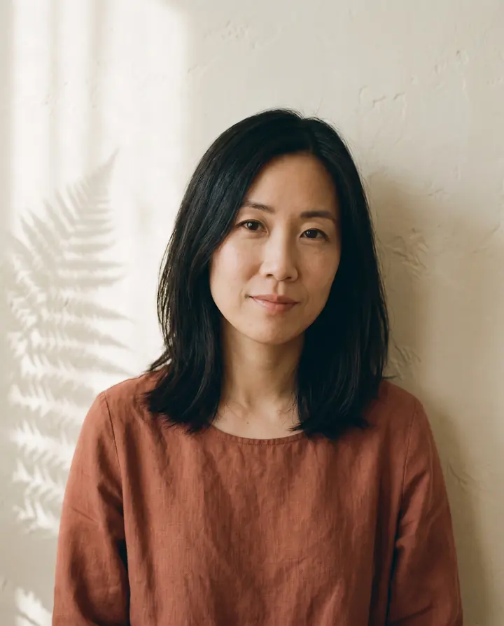Mei Tanaka-Brandt, attorney, in a terracotta blouse beside a fern shadow