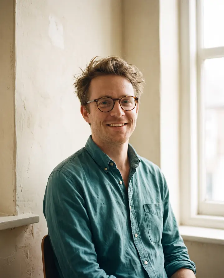 Aaron Fielding, client care manager, in a teal shirt and glasses by a window